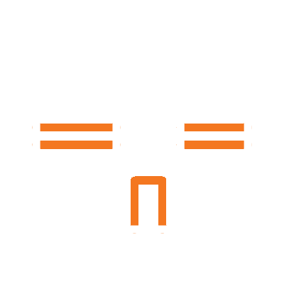 Modern building icon with orange accents, white outline on black background.