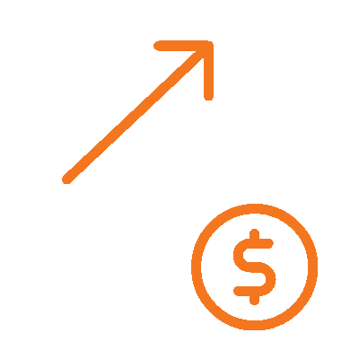 Upward trending bar graph with an orange arrow and a dollar coin icon.