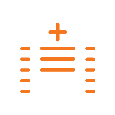 Orange hospital building icon with a white outline and a cross symbol on top.